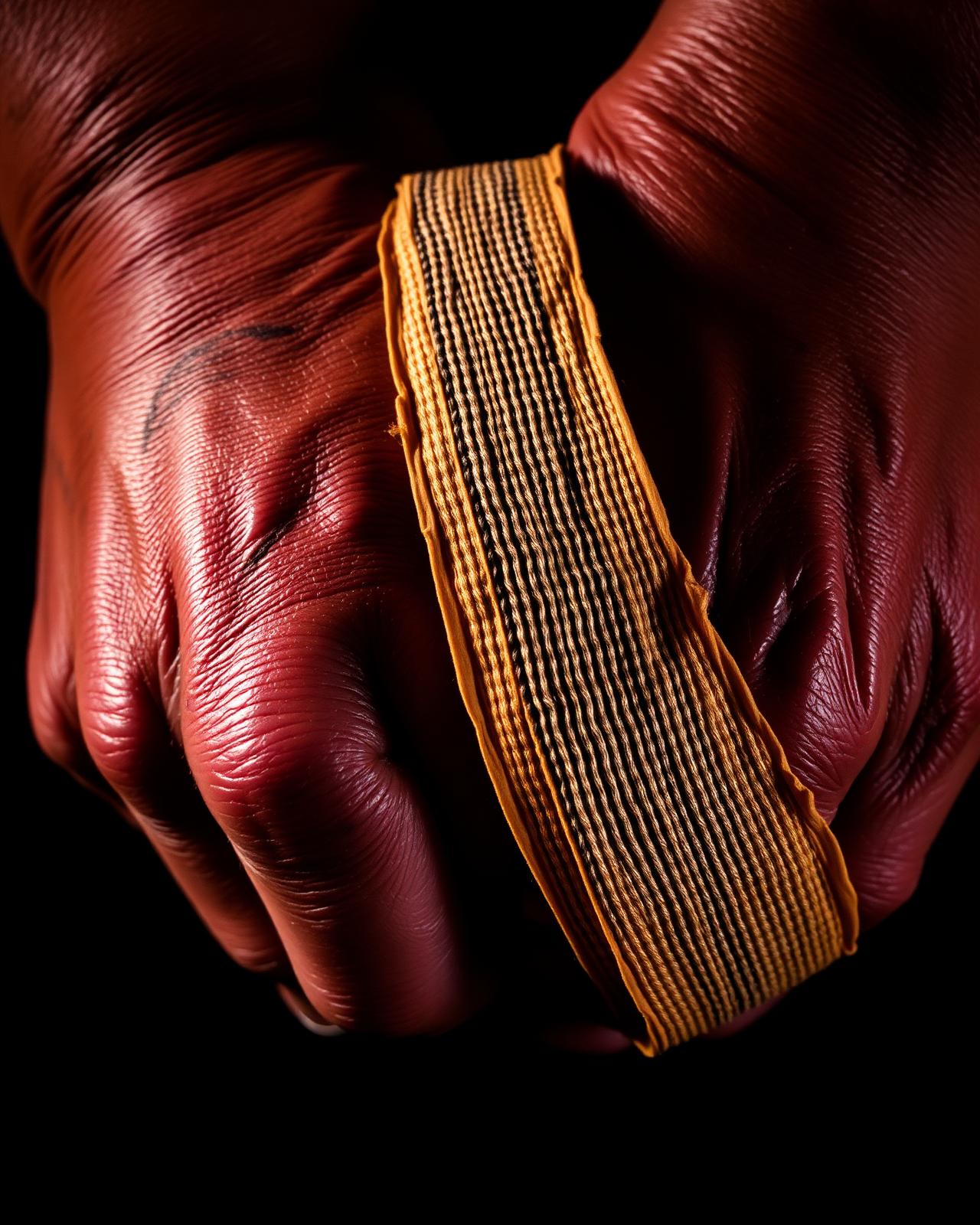 Worn hands wrapping boxing tape